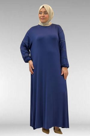 52021 Büyük Beden Çimalı Taş Detaylı Penye Elbise - İndigo