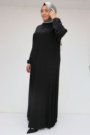 52021 Büyük Beden Çimalı Taş Detaylı Penye Elbise - Siyah