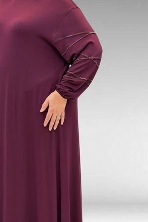 52021 Büyük Beden Çimalı Taş Detaylı Penye Elbise - Bordo