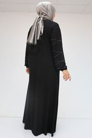 52021 Büyük Beden Çimalı Taş Detaylı Penye Elbise - Siyah