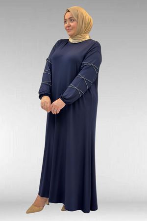 52021 Büyük Beden Çimalı Taş Detaylı Penye Elbise - Lacivert