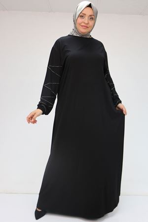 52021 Büyük Beden Çimalı Taş Detaylı Penye Elbise - Siyah