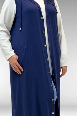 34001 Büyük Beden Çıtçıtlı Kapüşonlu Penye Yelek - İndigo