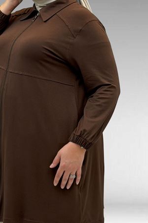 63002 Büyük Beden Fermuarlı - Kapüşonlu Penye Ceket - Kahve