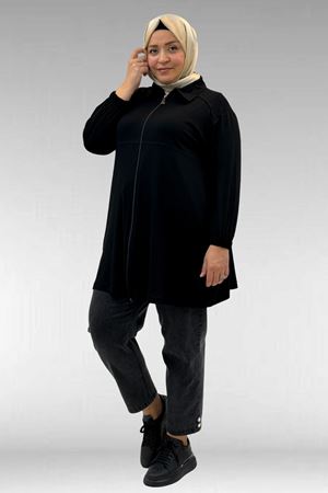 63002 Büyük Beden Fermuarlı - Kapüşonlu Penye Ceket - Siyah