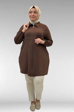 63002 Büyük Beden Fermuarlı - Kapüşonlu Penye Ceket - Kahve