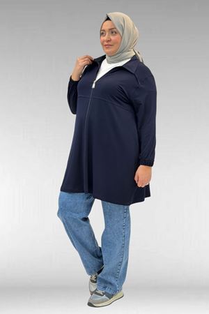 63002 Büyük Beden Fermuarlı - Kapüşonlu Penye Ceket - Lacivert