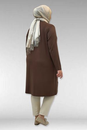 68004 Büyük Beden Çıma Detaylı Penye Tunik - Kahve