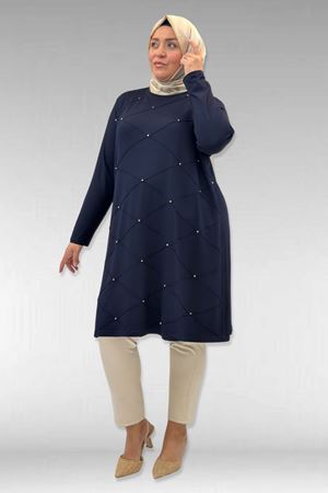 68004 Büyük Beden Çıma Detaylı Penye Tunik - Lacivert