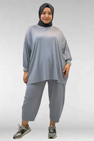 67037 Büyük Beden Düşük Kol Penye Pantolonlu Takım - Gri