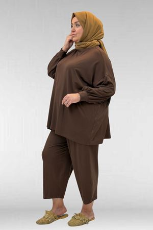 67037 Büyük Beden Düşük Kol Penye Pantolonlu Takım - Kahve