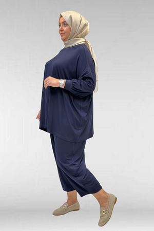 67037 Büyük Beden Düşük Kol Penye Pantolonlu Takım - Lacivert