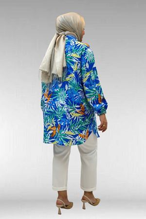 68010 Büyük Beden Yanları Yırtmaçlı Kolları Lastikli Mango Tunik - Desenli Saks