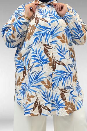 68010 Büyük Beden Yanları Yırtmaçlı Kolları Lastikli Mango Tunik - Desenli Haki