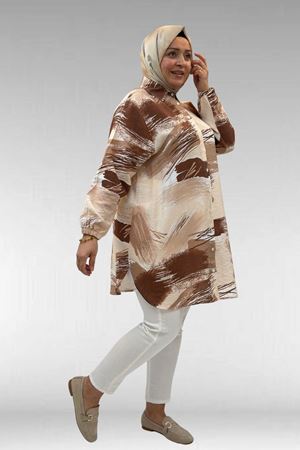 68010 Büyük Beden Yanları Yırtmaçlı Kolları Lastikli Mango Tunik - Desenli Çikolata Kahve