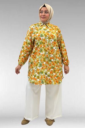 68010 Büyük Beden Yanları Yırtmaçlı Kolları Lastikli Mango Tunik - Çiçek Desen Yeşil