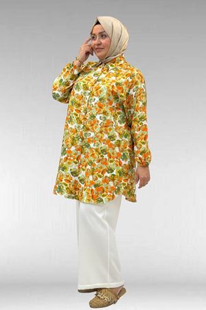 68010 Büyük Beden Yanları Yırtmaçlı Kolları Lastikli Mango Tunik - Çiçek Desen Yeşil