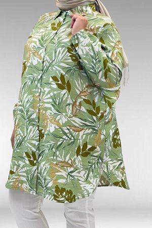 68010 Büyük Beden Yanları Yırtmaçlı Kolları Lastikli Mango Tunik - Yaprak Desen Vizon