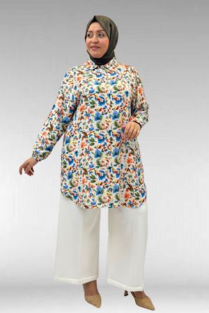 68010 Büyük Beden Yanları Yırtmaçlı Kolları Lastikli Mango Tunik - Desenli Taş