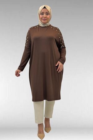 68012 Büyük Beden Omuzları Taş Detaylı Penye Tunik - Kahve