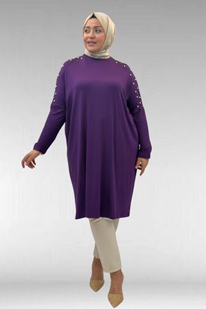 68012 Büyük Beden Omuzları Taş Detaylı Penye Tunik - Mor