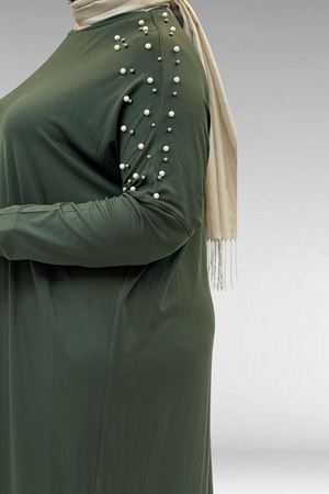 68012 Büyük Beden Omuzları Taş Detaylı Penye Tunik - Haki