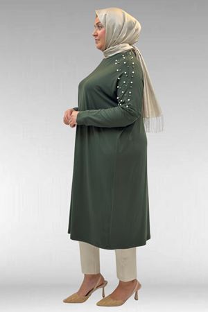 68012 Büyük Beden Omuzları Taş Detaylı Penye Tunik - Haki