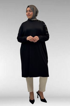 68012 Büyük Beden Omuzları Taş Detaylı Penye Tunik - Siyah