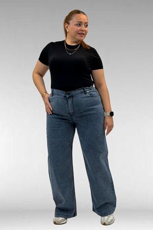 59037 Büyük Beden Önü Taşlı Bol Paça Kot Pantolon - Lacivert