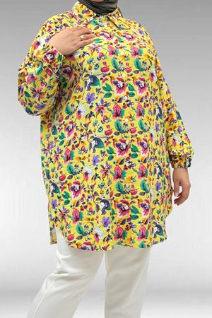 68010 Büyük Beden Yanları Yırtmaçlı Kolları Lastikli Mango Tunik - Desenli Sarı