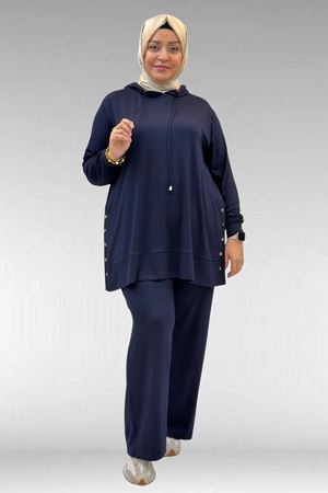 67034 Büyük Beden Yanları Patlı Penye Pantolonlu Takım - Lacivert