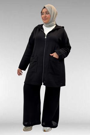 67035 Büyük Beden Kapşonlu Fermuarlı Müslin Pantolonlu Takım - Siyah