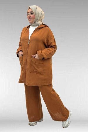 67035 Büyük Beden Kapşonlu Fermuarlı Müslin Pantolonlu Takım - Tarçın