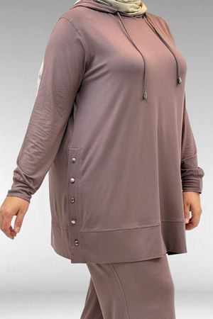 67034 Büyük Beden Yanları Patlı Penye Pantolonlu Takım - Vizon