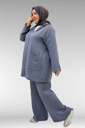 67035 Büyük Beden Kapşonlu Fermuarlı Müslin Pantolonlu Takım - Antrasit