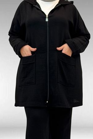 67035 Büyük Beden Kapşonlu Fermuarlı Müslin Pantolonlu Takım - Siyah