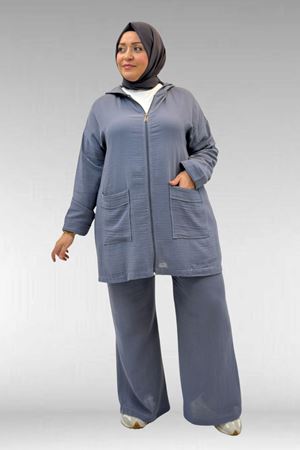 67035 Büyük Beden Kapşonlu Fermuarlı Müslin Pantolonlu Takım - Antrasit