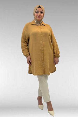 58091 Büyük Beden Kolları Lastikli Müslin Gömlek - Bisküvi