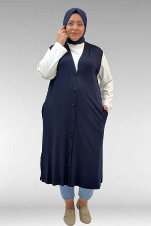 54017 Büyük Beden Kaplama Düğmeli Giy-Çık Penye Yelek - Lacivert