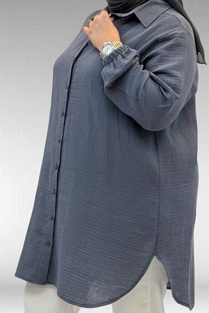 58091 Büyük Beden Kolları Lastikli Müslin Gömlek - Antrasit