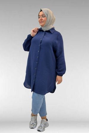 58091 Büyük Beden Kolları Lastikli Müslin Gömlek - Lacivert
