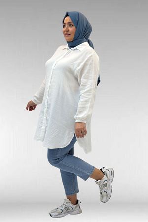 58091 Büyük Beden Kolları Lastikli Müslin Gömlek - Ekru