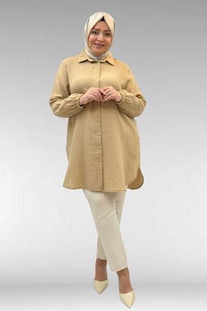 58091 Büyük Beden Kolları Lastikli Müslin Gömlek - Bej
