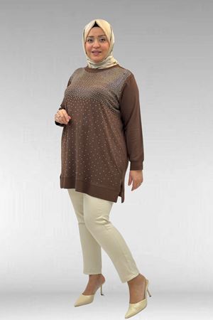 68011 Büyük Beden Önü Taş Detaylı Penye Tunik - Kahve