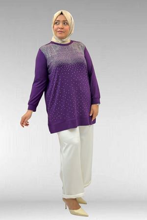 68011 Büyük Beden Önü Taş Detaylı Penye Tunik - Mor