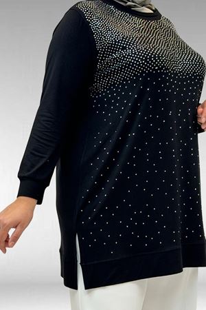 68011 Büyük Beden Önü Taş Detaylı Penye Tunik - Siyah