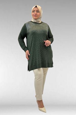 68011 Büyük Beden Önü Taş Detaylı Penye Tunik - Haki