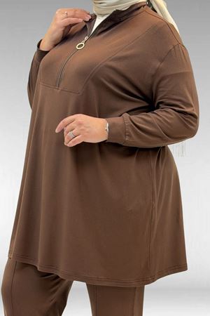 67014 Büyük Beden Parçalı Yakalı Fermuarlı Pantolonlu Penye Takım - Kahve