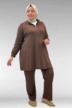67014 Büyük Beden Parçalı Yakalı Fermuarlı Pantolonlu Penye Takım - Kahve