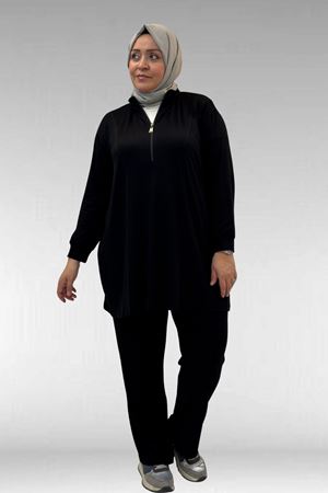 67014 Büyük Beden Parçalı Yakalı Fermuarlı Pantolonlu Penye Takım - Siyah